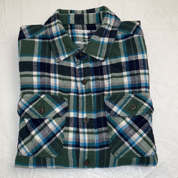 Urban Pipeline plaid navy and green flannel button down shirt L - Picture 1 of 7
